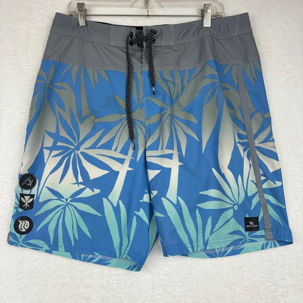 Rip Curl Mirage Mens Blue Grey Tropical Palm Leaf Stretch Boardshorts Size 33